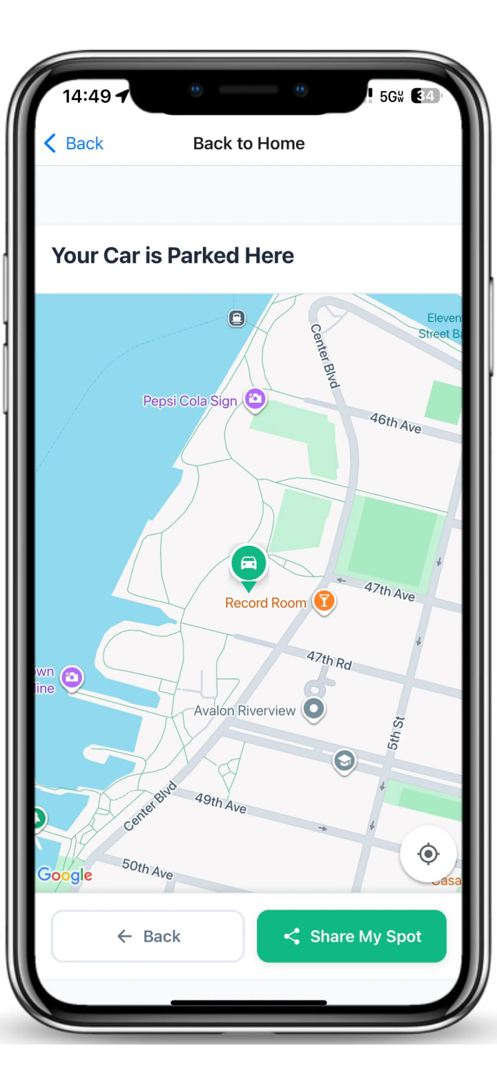 Spotlink screen showing a saved parked-car location