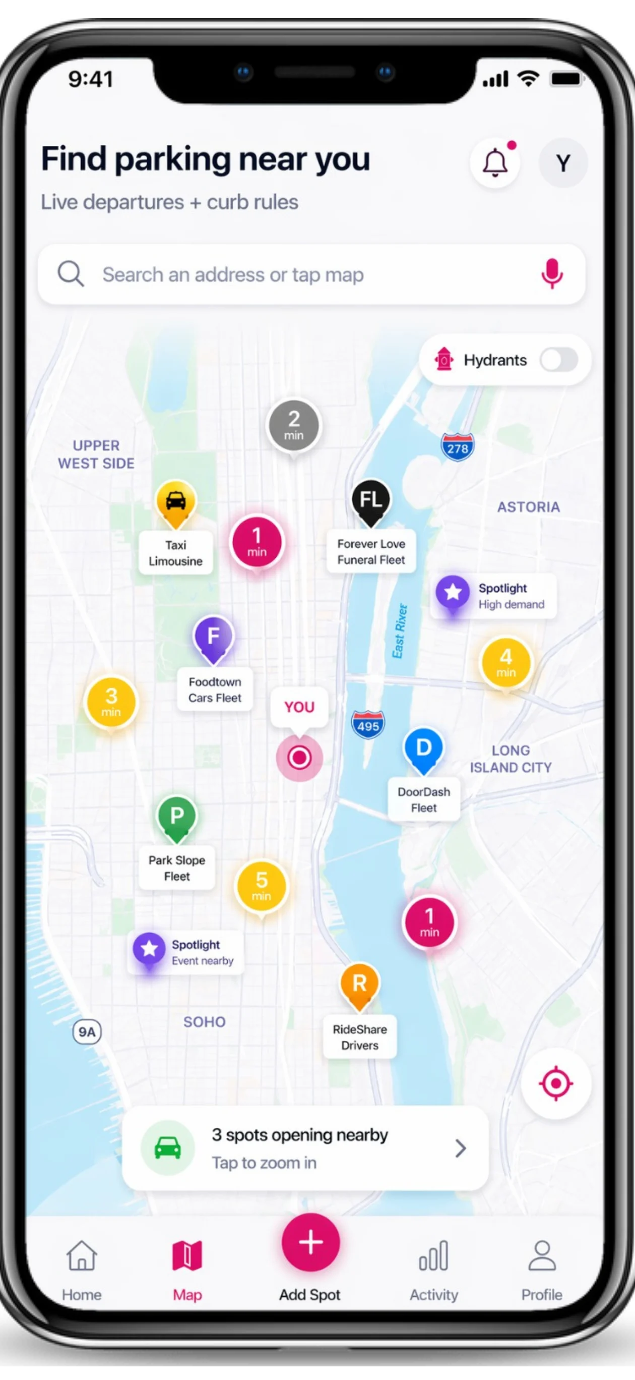 Spotlink map showing time-limited parking Departure signals near an NYC driver