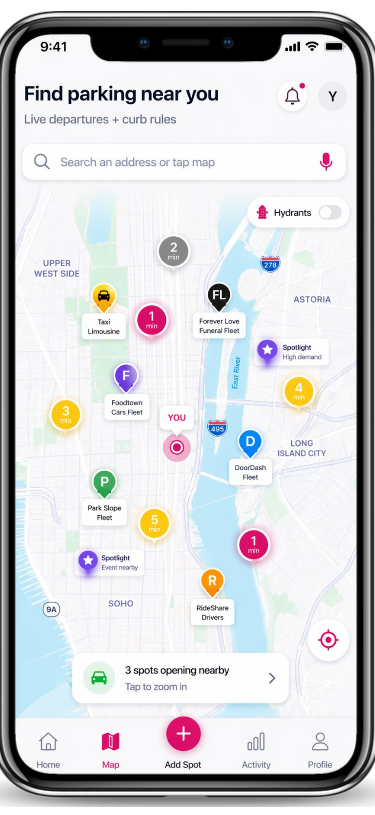 Spotlink map showing live parking departures