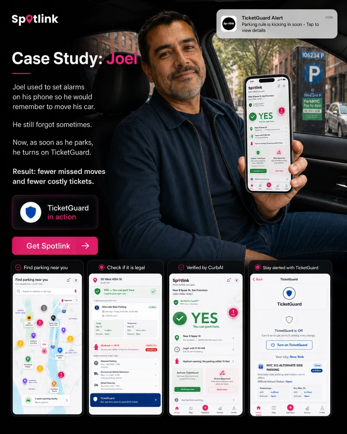 Joel using Spotlink TicketGuard after parking