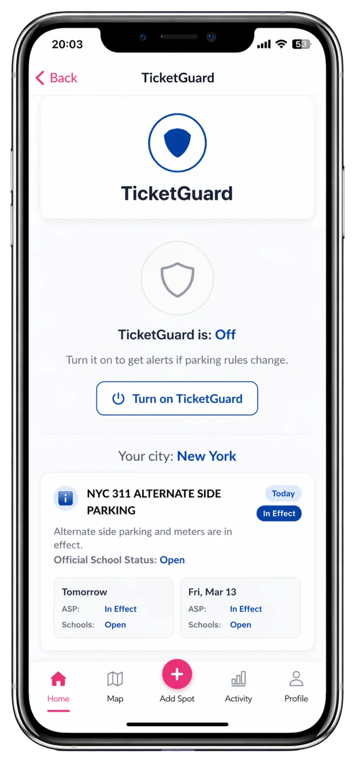 Current Spotlink TicketGuard screen with alert controls and parking status