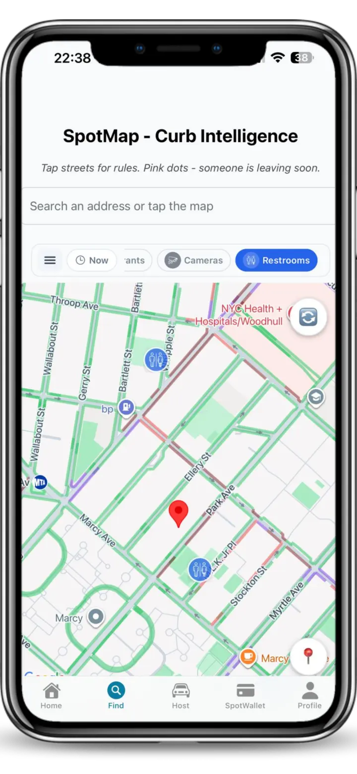 Current Spotlink map showing nearby public bathroom locations in NYC