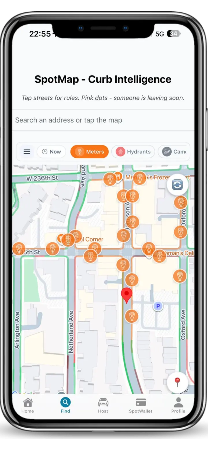 Current Spotlink map showing nearby NYC parking meters