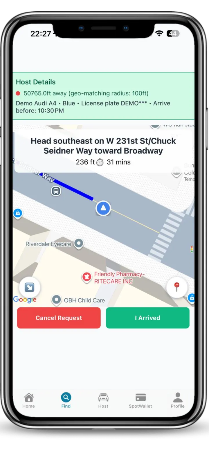 Current Spotlink turn-by-turn navigation screen leading to a reported Departure